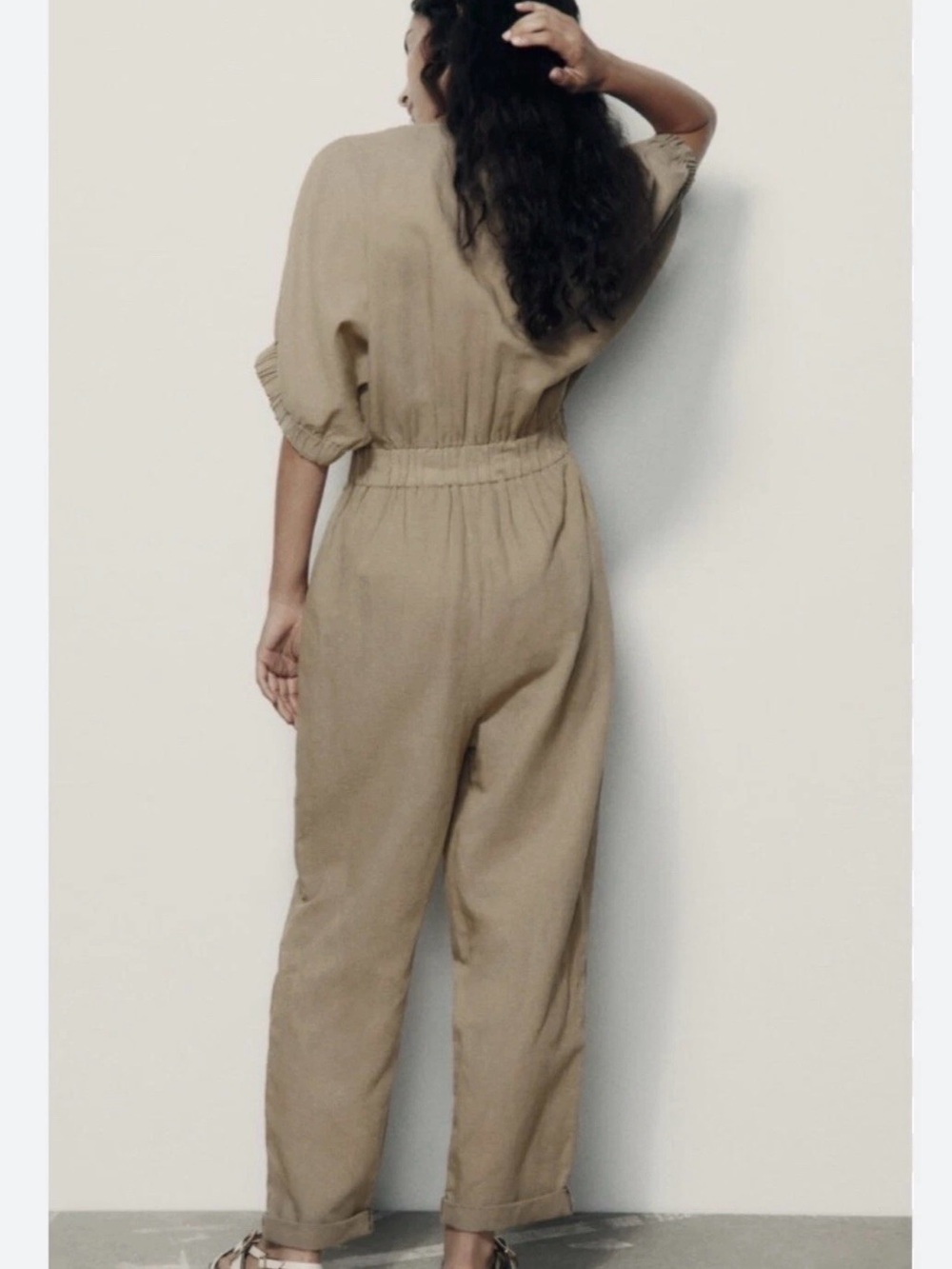 Zara Linen Blend Beige Utility Jumpsuit with Waist Tie - Picture 2 of 6